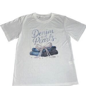 Denim and Pearls Graphic Tee - White with Blue Print
